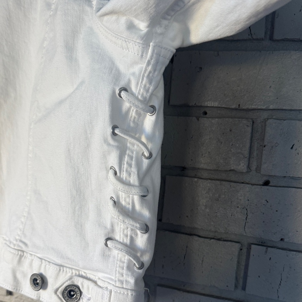 DKNY White Denim Jean Jacket - Classic Button-Front, side lace up,ladies size L - Picture 3 of 6